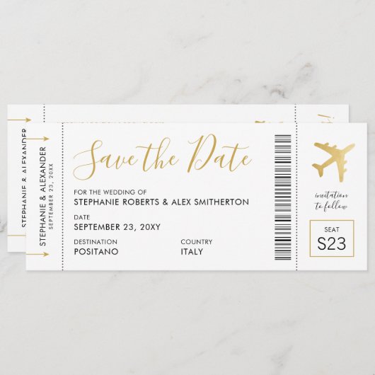Vliegtuig voor weduwschap op goudbestemming save the date (Voorkant / Achterkant)