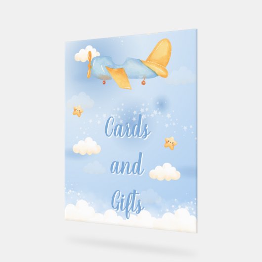 Vliegtuig, Wolken & Sterren, Blauw, Baby Boy, Scha Acryl Bord (Hoek)