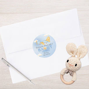 Vliegtuig,Wolken & Sterren, Blauw, Baby Jongen,Lie Ronde Sticker
