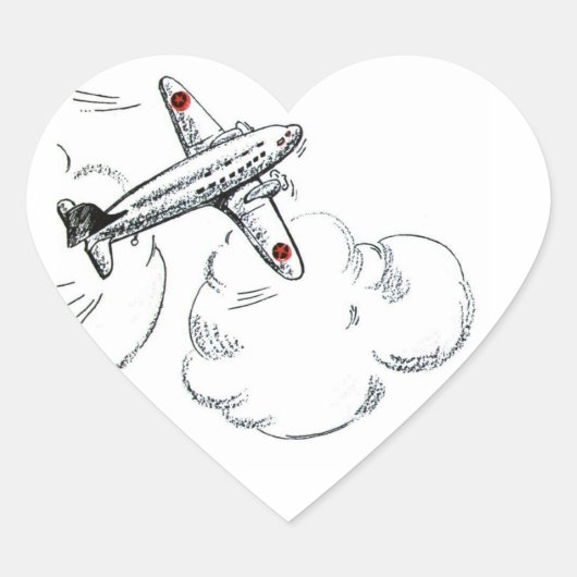 Vliegtuig Zwart-wit Tekening Hart Sticker (Voorkant)