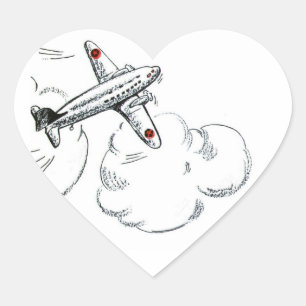 vliegtuig zwarte en witte tekening hart sticker