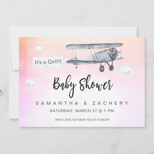 ** Vliegtuigbanner  Clouds Baby Girl Shower Kaart (Voorkant)