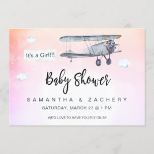 ** Vliegtuigbanner  Clouds Baby Girl Shower Kaart