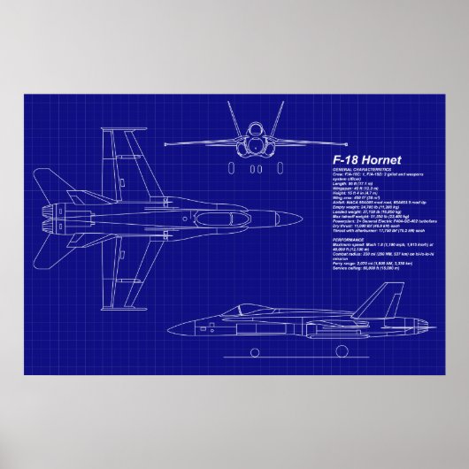 Vliegtuigblauwdrukken | F-18 Hornet Poster (Voorkant)