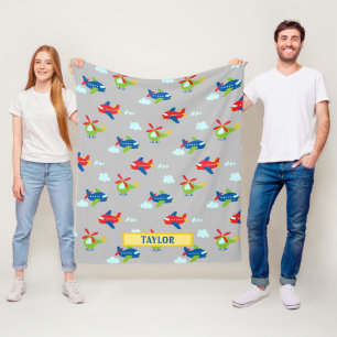Vliegtuigen, Helikopters & Wolken Cartoon Lt Grijs Fleece Deken