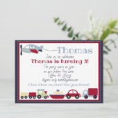 Vliegtuigen, treinen, boten en auto's verjaardagsu kaart (Staand voorkant)