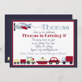 Vliegtuigen, treinen, boten en auto's verjaardagsu kaart (Voorkant / Achterkant)