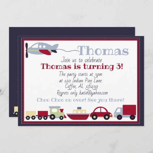 Vliegtuigen, treinen, boten en auto's verjaardagsu kaart (Voorkant / Achterkant)