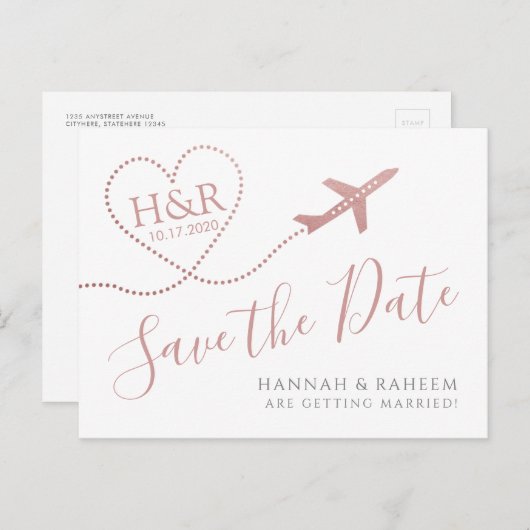 Vliegtuighartroze bestemming Weduwsdatum Aankondigingskaart (Voorkant / Achterkant)