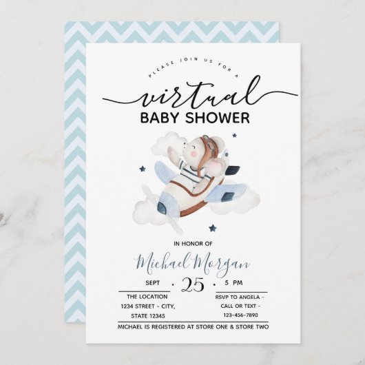 Vliegtuigmuis Zigzag Virtual Baby shower Baby Kaart (Voorkant / Achterkant)