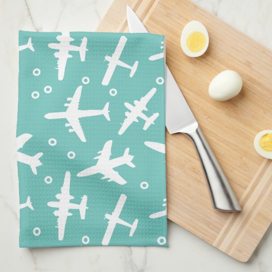 Vliegtuigpatroon Aqua Blue en White Aviation Theedoek (Quarter Fold)