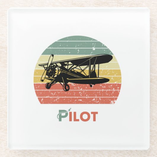 Vliegtuigpiloot Retro Sunset Fun Aviation Biplane Glazen Onderzetter (Voorkant)