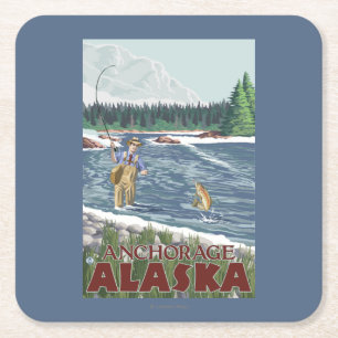 Vliegtuigvissers - Anchorage, Alaska Vierkante Kartonnen Onderzetter