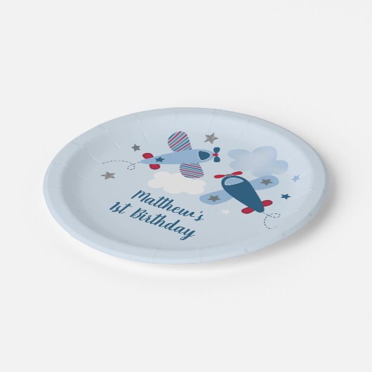 Vliegvliegtuig Stars Clouds Birthday Papieren Bordje (Gekanteld)