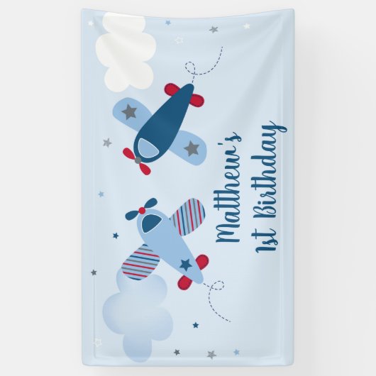 Vliegvliegtuig Stars Clouds Boy Birthday Spandoek (Verticaal)