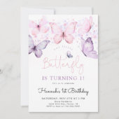 Vlinder 1e verjaardag uitnodiging meisje (Voorkant)
