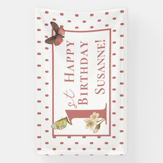 vlinder Aangepaste naam 1e verjaardag Girl Ba Spandoek (Verticaal)