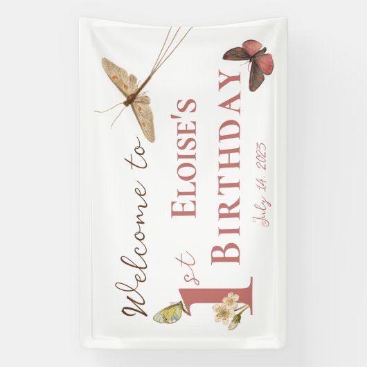  vlinder Aangepaste naam 1e verjaardag meisje Spandoek (Verticaal)