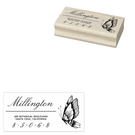 Vlinder | Achternaam Script Retouradres Rubberstempel (Gestempeld)