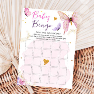 Vlinder Baby shower Bingo Spel Roze Goud Meisje Kaart