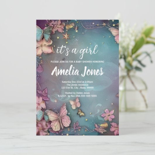 Vlinder Baby Shower Paarse Uitnodiging (Staand voorkant)