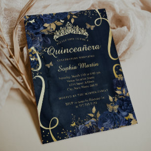 Vlinder Bloem Elegant Goud Navy Quinceanera Folie Uitnodiging