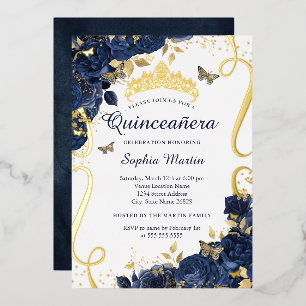 Vlinder Bloem Elegant Marine Goud Quinceanera Folie Uitnodiging
