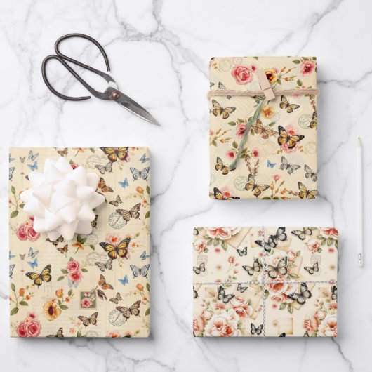  Vlinder & Bloemen 3 Flat Sheet Gift Wrap Inpakpapier Vel (Voorkant)