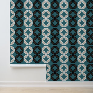 Vlinder bloemen diamanten cirkels op pauw blauw behang