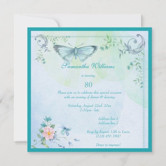 vlinder, bloemen en zwoegen 80e verjaardag kaart (Achterkant)