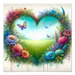 Vlinder Bloemig Hart Watercolorontwerp Foto Afdruk