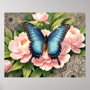 Vlinder Bloemige Botanische Kunst van de Blauwe Zw Poster