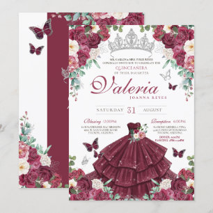 Vlinder Bourgogne Rood Zilver Bloemen Quinceañera Kaart