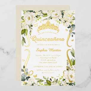 Vlinder Champagne Bloem Goud Quinceanera Folie Uitnodiging