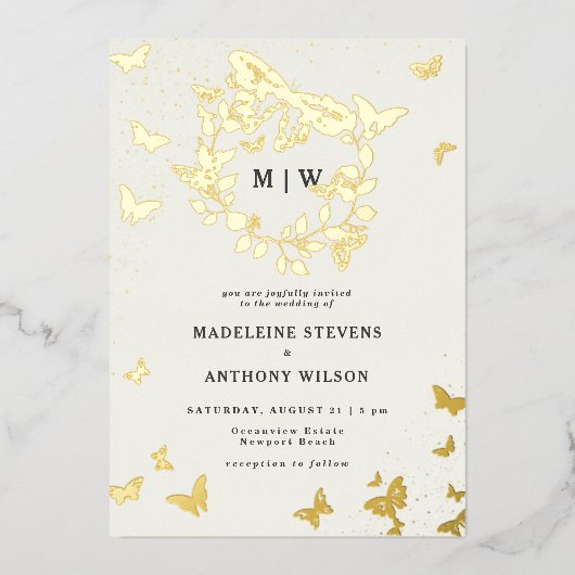 Vlinder Crest Ivoor Goud Monogrammen Bruiloft Folie Uitnodiging (Voorkant)