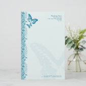 Vlinder & Decoratieve Rand in Blauw Briefpapier (Staand voorkant)