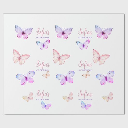 Vlinder Eerste Verjaardags Meisje 1e Roze Paarse Cadeaupapier (Vlak)