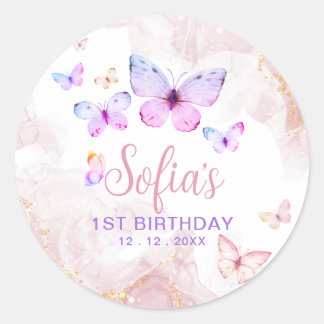 Vlinder Eerste Verjaardags Meisje 1e Roze Paarse Ronde Sticker