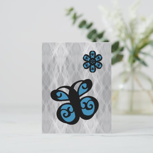 Vlinder en bloem ontwerp, blauwe kleur splash briefkaart (Staand voorkant)
