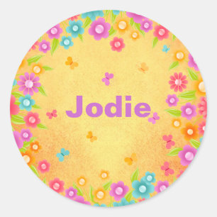 Vlinder en bloemen naam ronde sticker