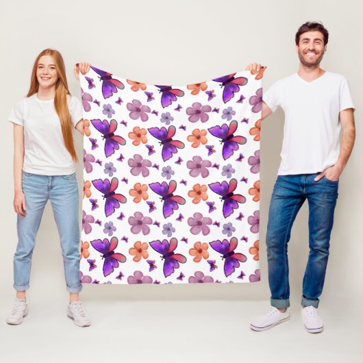 Vlinder en bloemenpatroon fleece deken (In situ)