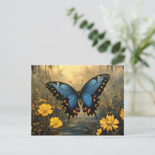 vlinder en gele bloemen schilderen briefkaart (Staand voorkant)
