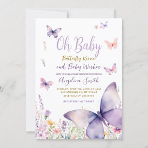Vlinder en paarse bloemen meisje Baby shower Kaart