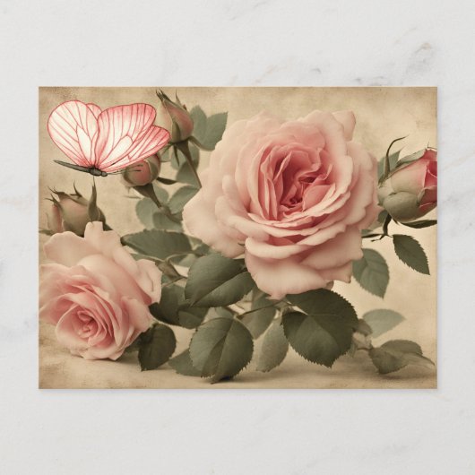 Vlinder en Roze Rozen Decoupage Briefkaart (Voorkant)