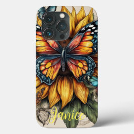Vlinder en Zonnebloem Monogram iPhone 13 Pro Hoesje