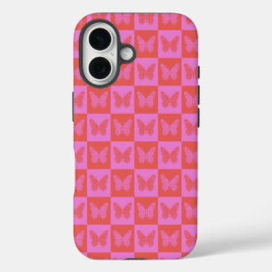 Vlinder Geruit Patroon in Roze en Rood iPhone 16 Hoesje