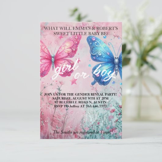 Vlinder Geslacht Onthulling Feest Uitnodiging (Staand voorkant)