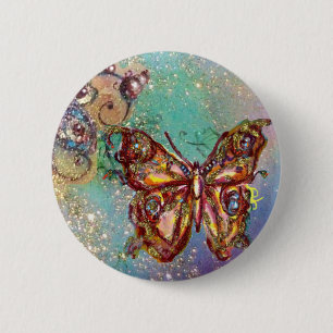 VLINDER IN BLAUW GOUD VONKELT RONDE BUTTON 5,7 CM