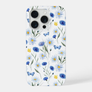 Vlinder in blauwe aquarel wilde bloemenweide iPhone 15 pro hoesje
