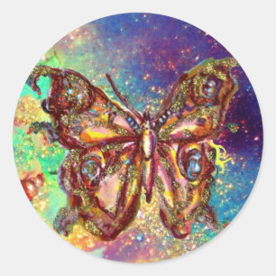 VLINDER IN GOUDEN SPROKKELS RONDE STICKER